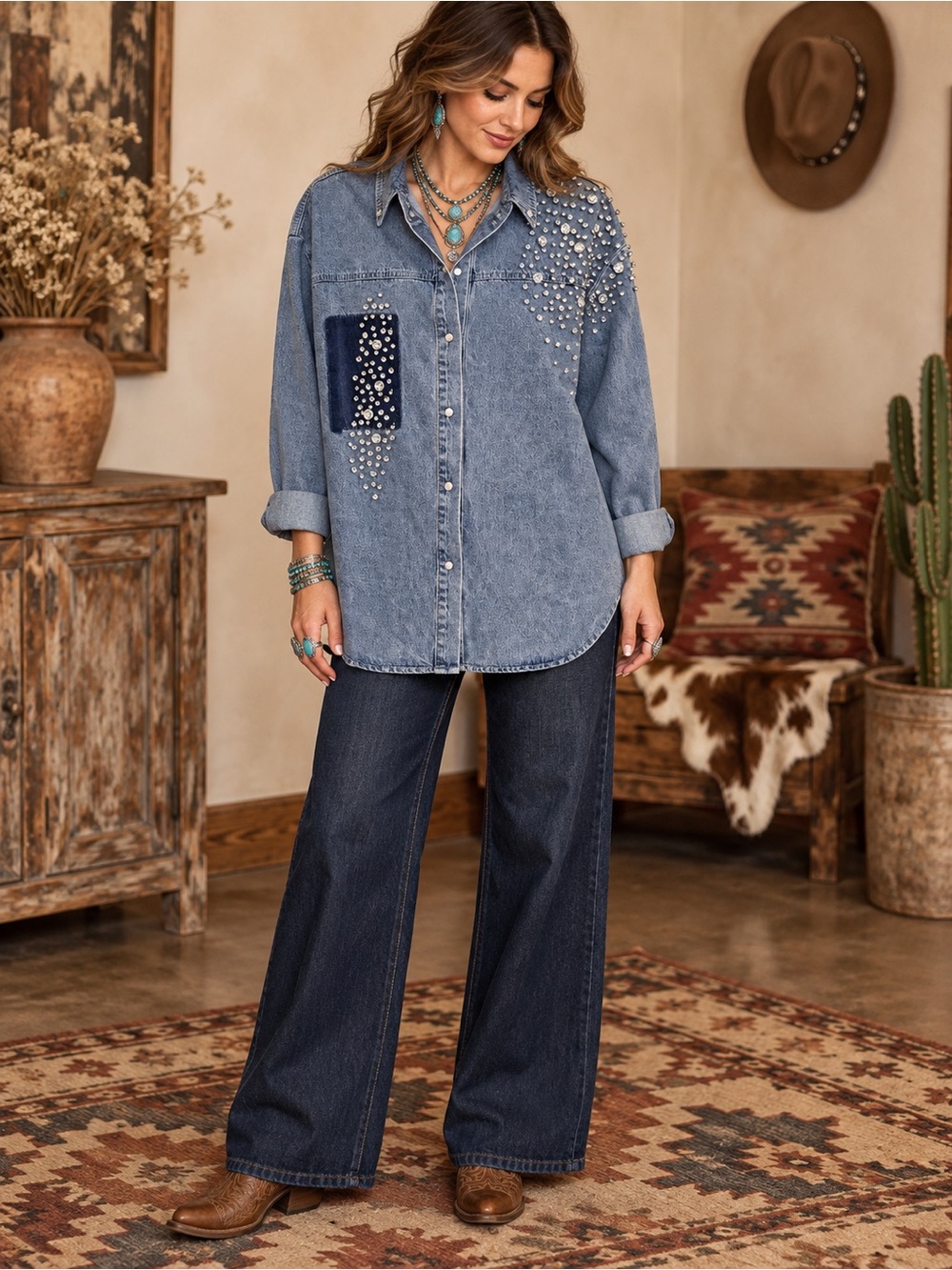 H143 NWT Blue Velvet L ptp 23 Embellished Light Blue Denim Boyfriend Shirt Top